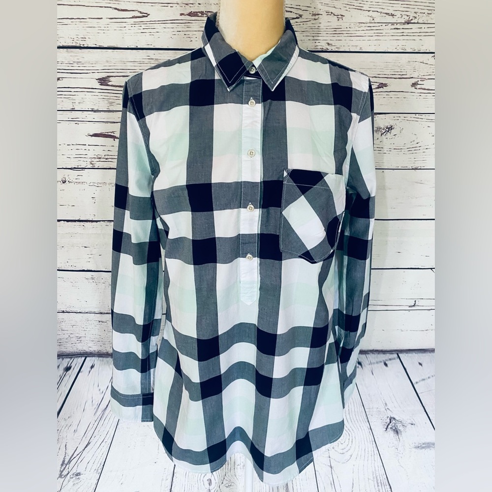 Women’s Medium Blouse Tunic Merona Plaid Long Sleeves Button Down Collar Cotton